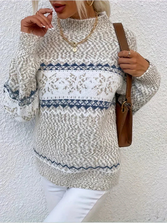 Women's relaxed fit Fair Isle knit sweater with mock neck and long sleeves – Beige