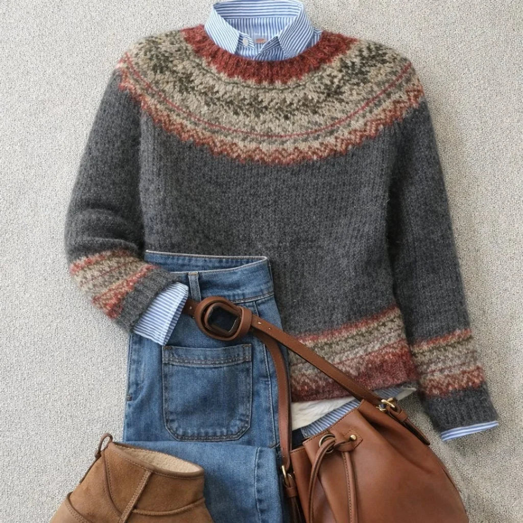 Women's relaxed-fit Fair Isle Nordic knit crewneck sweater – Gray
