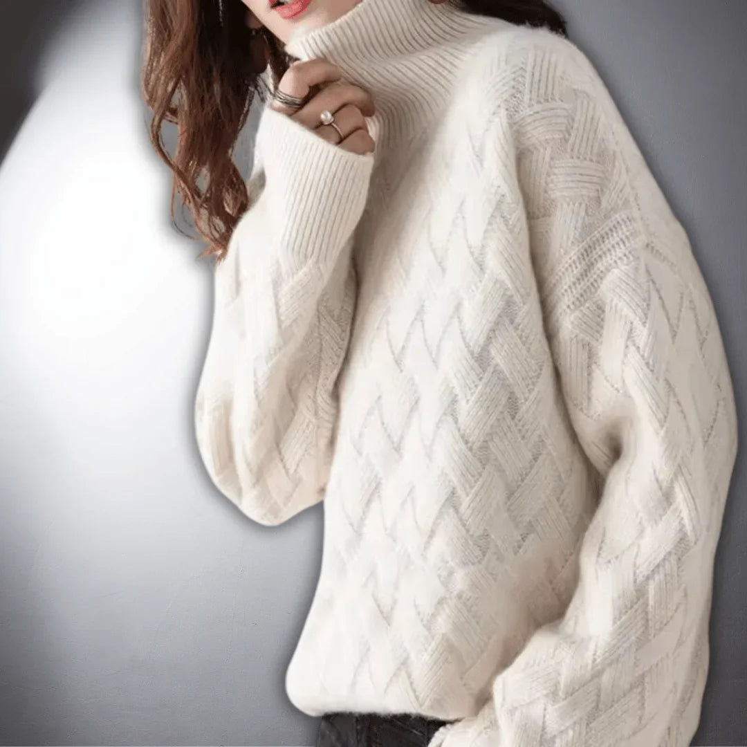 Women's relaxed-fit knit basketweave sweater with turtleneck