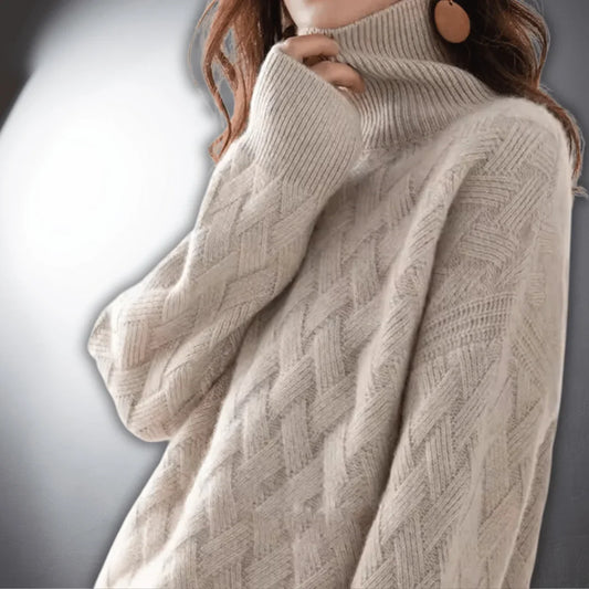 Women's relaxed-fit knit basketweave sweater with turtleneck – Light beige