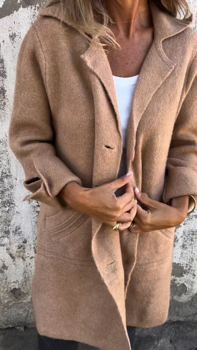 Women's relaxed-fit long button-front lapel coat – Khaki