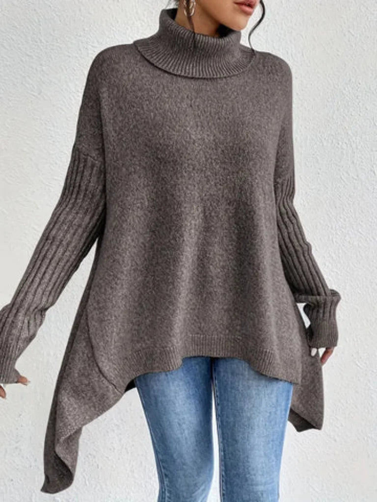 Women's relaxed-fit long sleeve knit sweater with cowl-neck and asymmetric hem