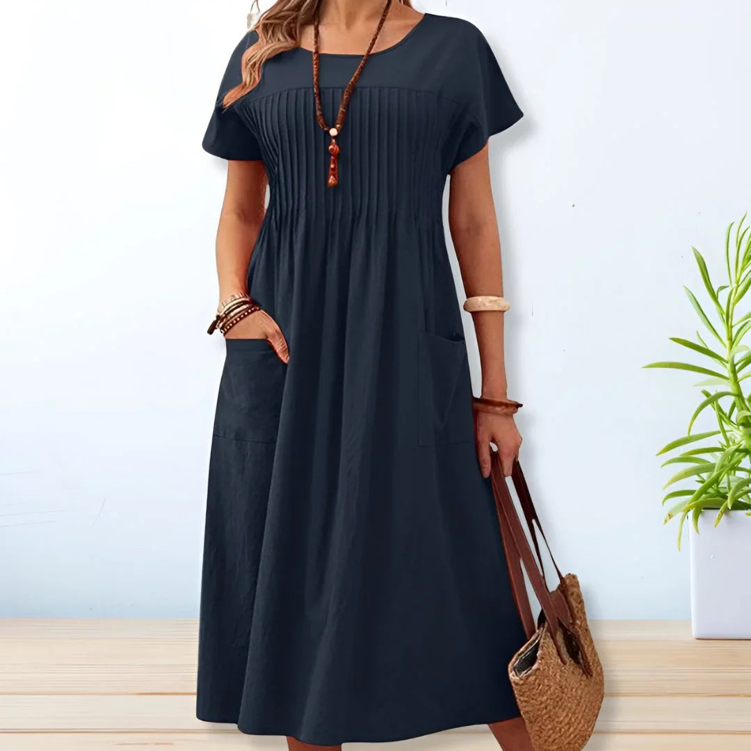 Women's relaxed knit midi dress with pleated bodice and patch pockets – Blue