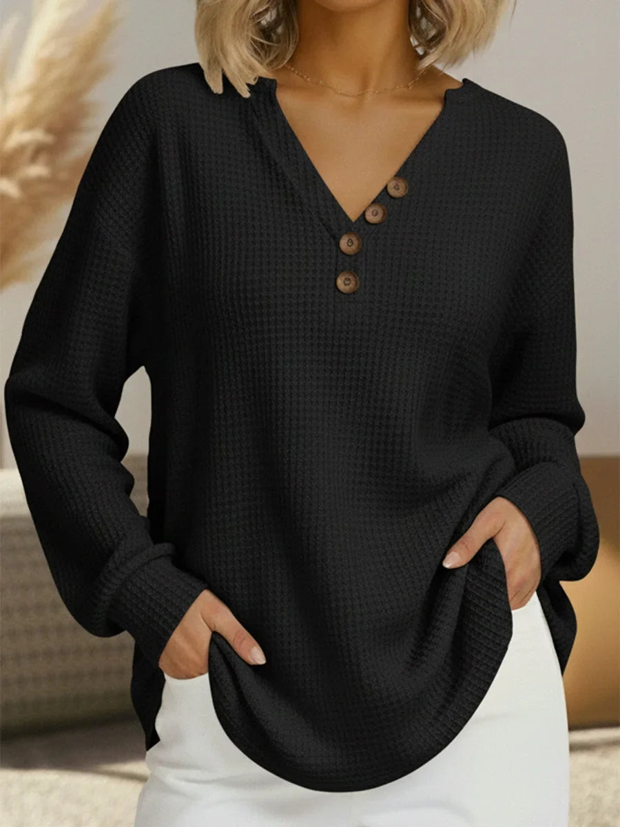 Women's relaxed long sleeve waffle knit sweater with button V-neck – Black