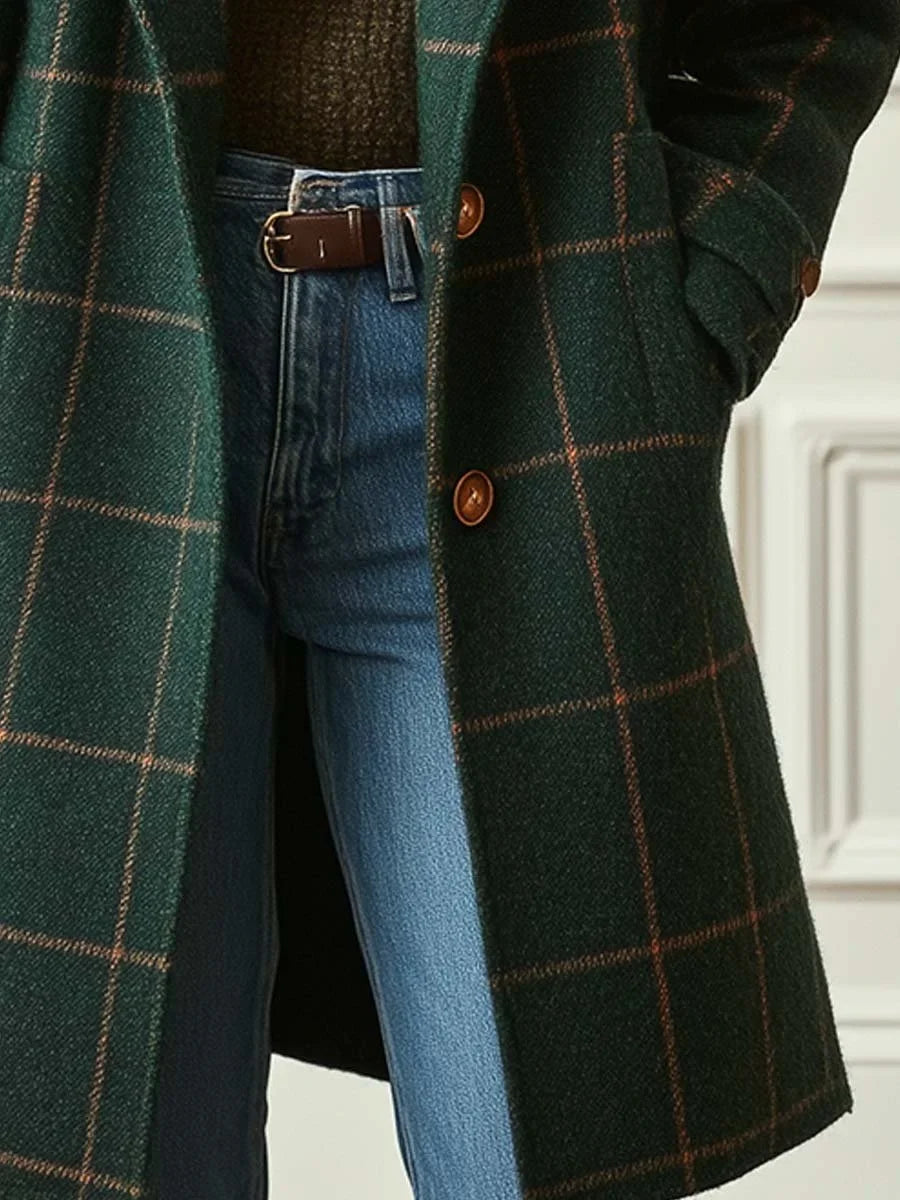 Women's retro lapel plaid tweed coat – Dark Green