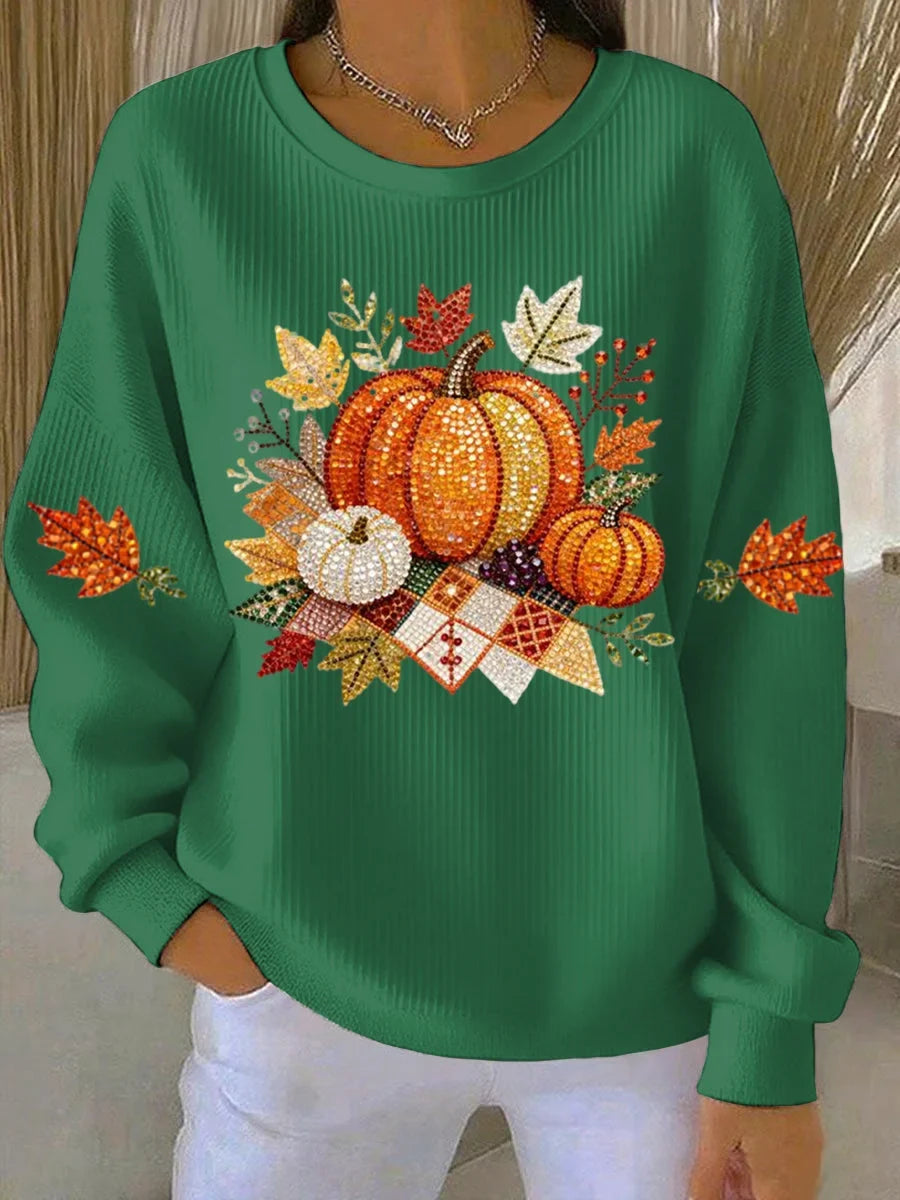 Women's ribbed knit fall graphic long-sleeve tee shirt with crew neck – Green