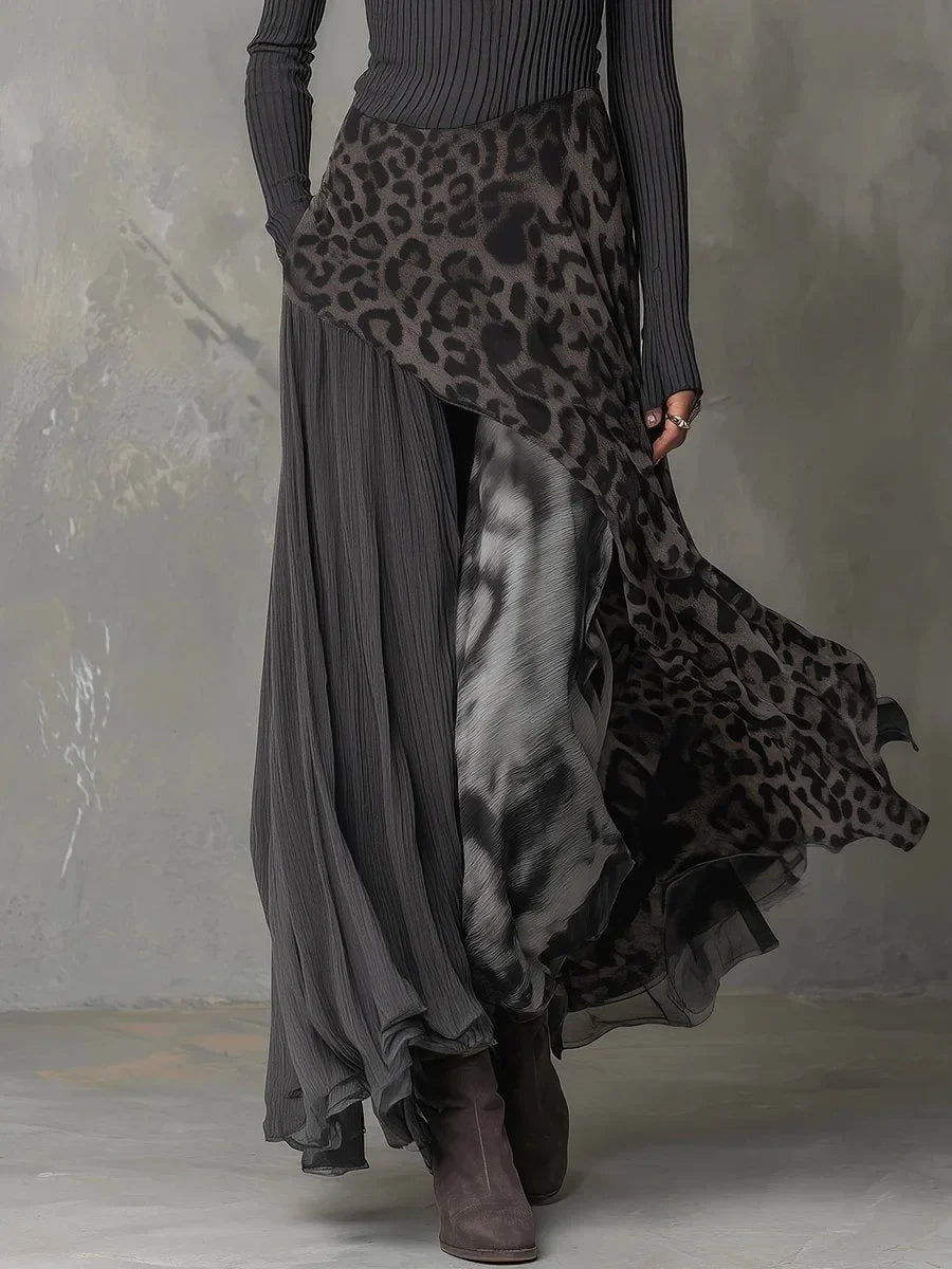 Women's ribbed knit leopard print maxi long sleeve dress irregular hem – Gray