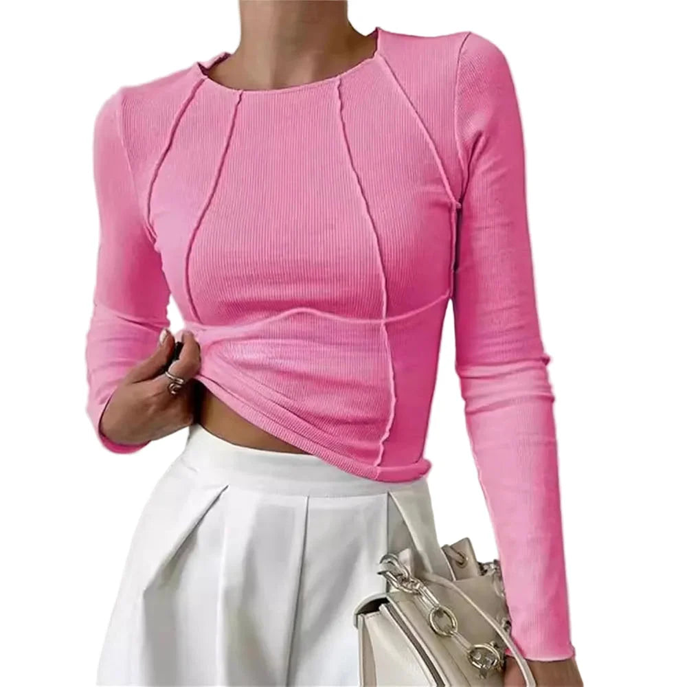 Women's ribbed knit long sleeve cropped top with sculpted seams – Pink