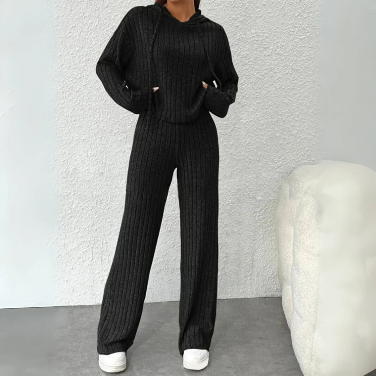 Women's ribbed knit lounge set with hooded cropped top and wide-leg trousers – Black