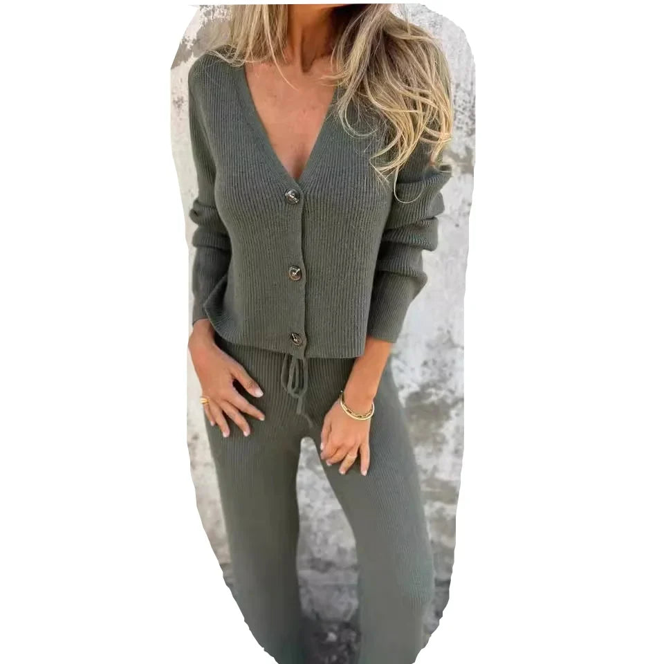 Women's ribbed knit matching cardigan sweater set with V-neck and drawstring waist