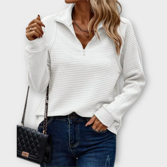 Women's ribbed knit sweater with half-zip stand-up collar – White