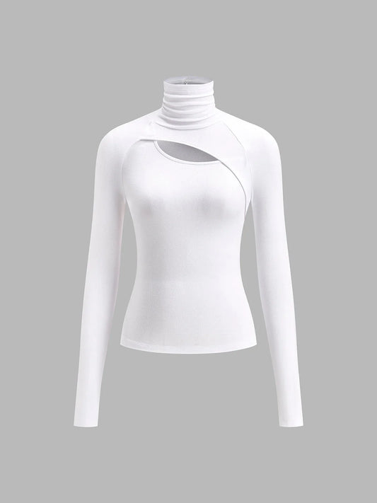 Women's ribbed knit turtleneck fitted top with long-sleeve cut-out design – White