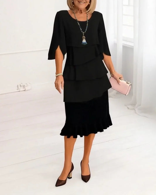 Women's ruffle tiered midi dress with round-neck and split-sleeves
