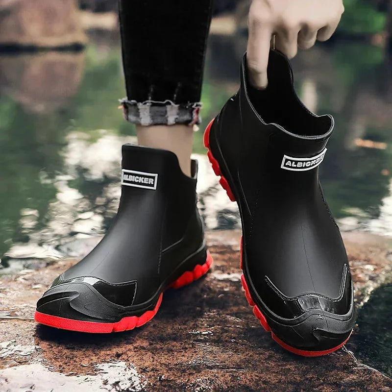 Women's rugged waterproof ankle rain boots with slip-resistant lug sole