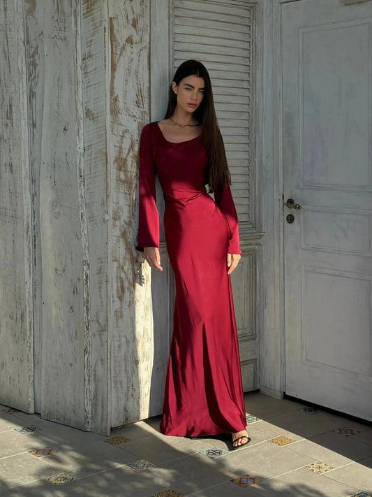 Women's satin fitted long-sleeve maxi dress with scoop neck and flared cuffs