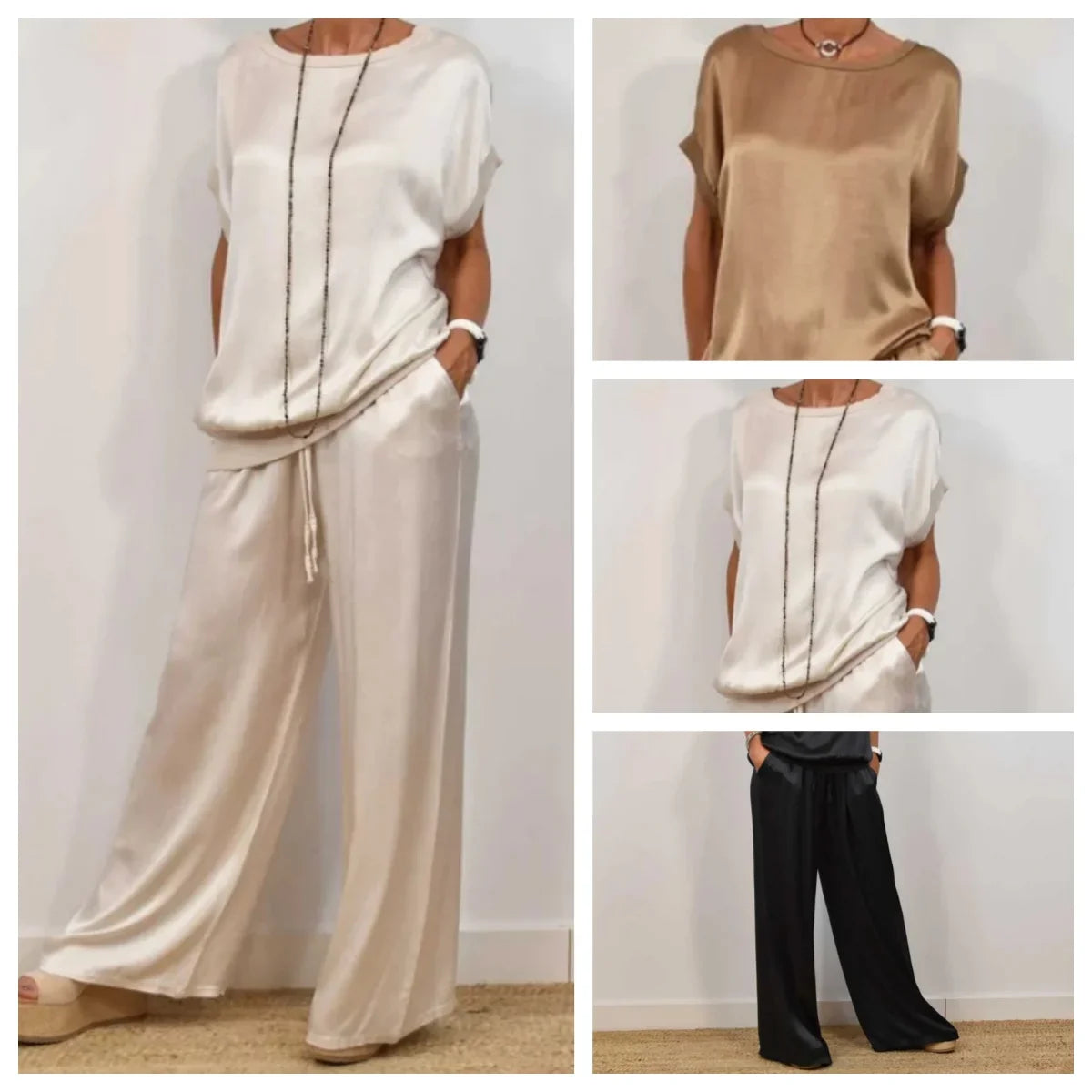 Women's satin matching set with round-neck cap-sleeve top and wide-leg trousers
