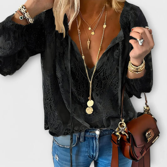 Women's sheer lace boho long sleeve blouse with tie-front V-neck – Black