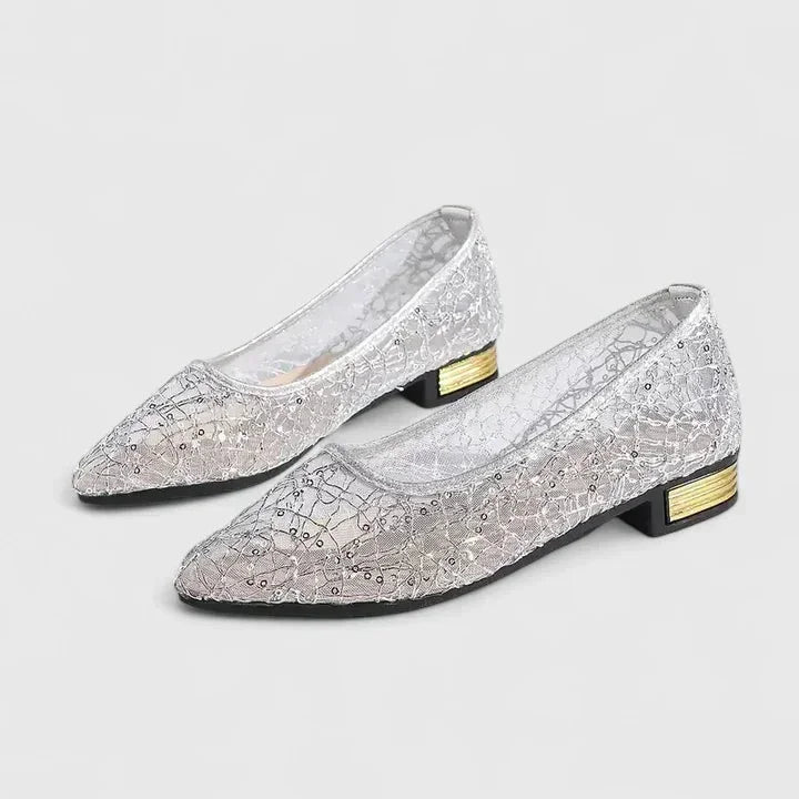 Women's sheer lace pointed-toe flats with low-block heel