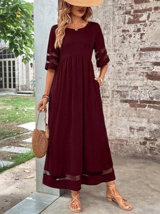 Women's sheer-paneled maxi dress with round neck 3/4 sleeve and pockets – Red