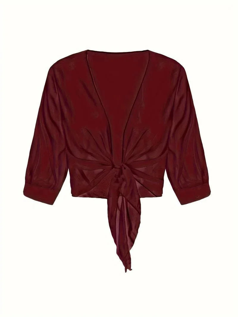 Women's sheer tie-front blouse with 3/4 sleeve and open front