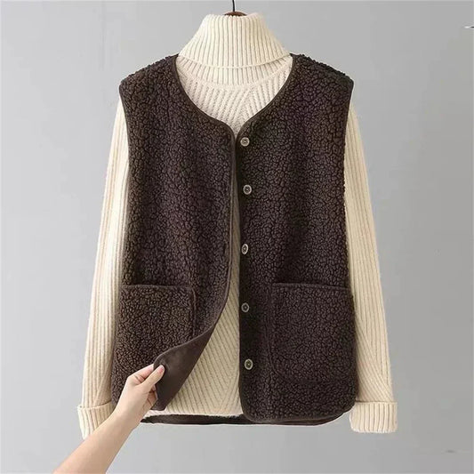 Women's sherpa button-up vest gilet with V-neck – Brown