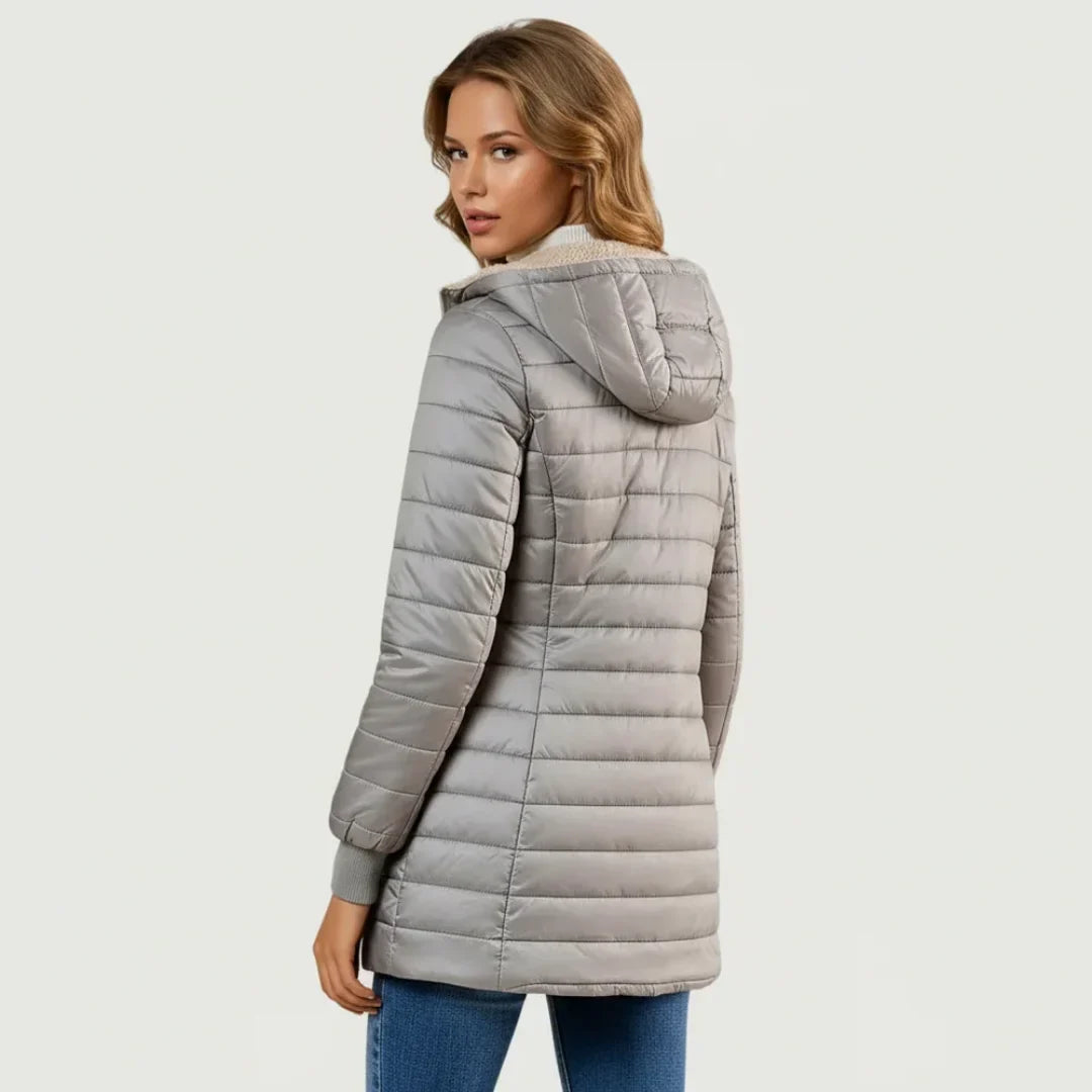 Women's sherpa-lined puffer jacket with hood and ribbed cuffs
