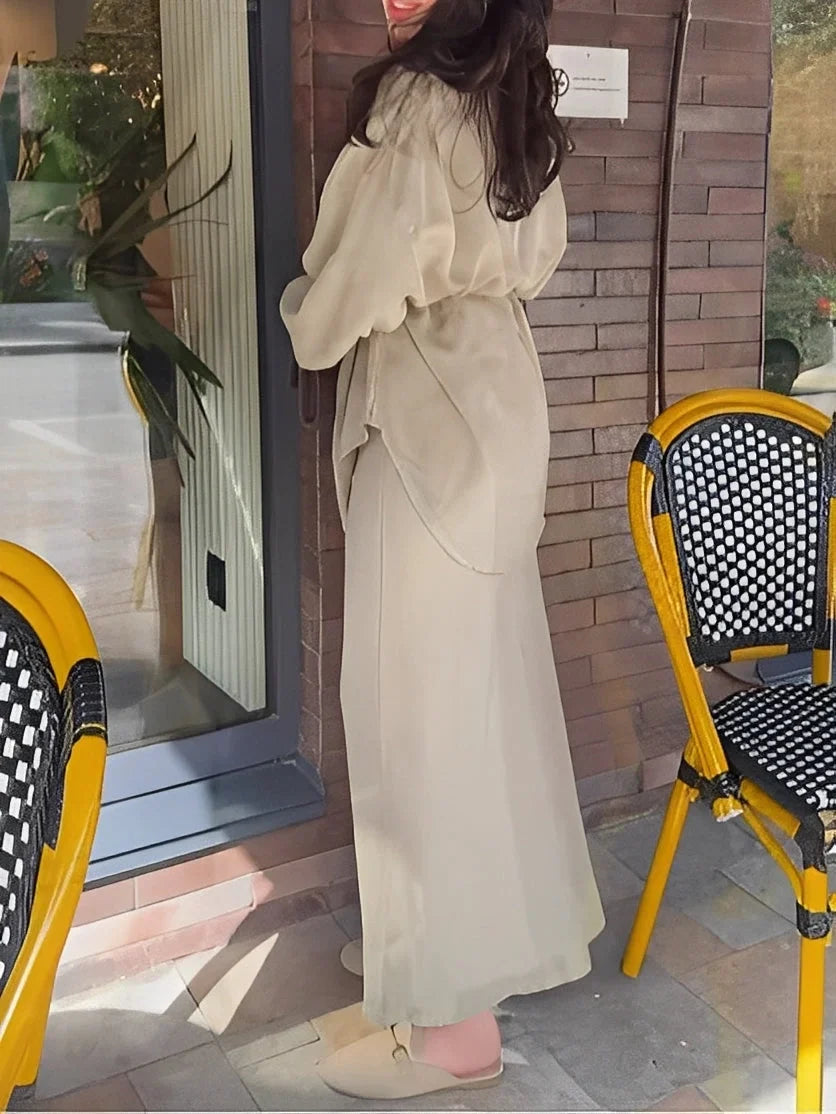 Women's silky long-sleeve button-up tie-waist shirt and maxi skirt set