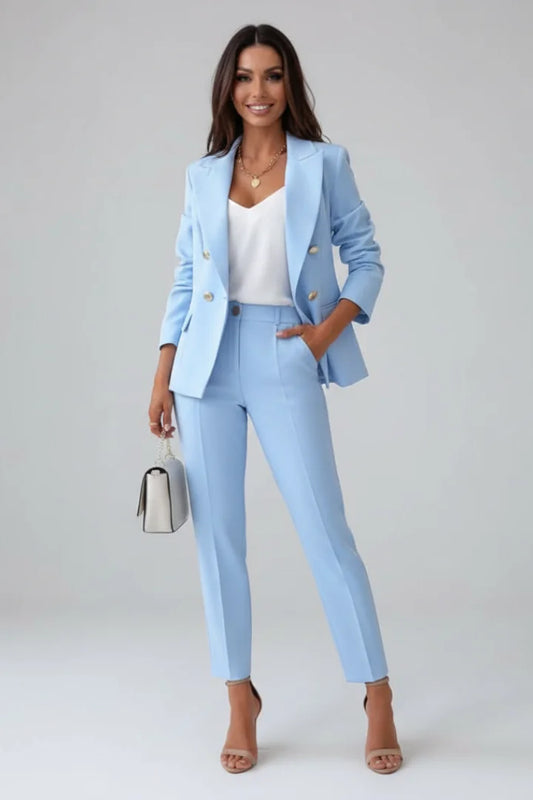 Women's double-breasted denim jacket blazer suit with tailored trousers – Light Blue