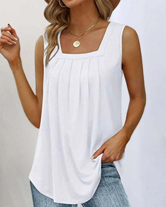 Women's sleeveless pleated knit top with relaxed fit and square neck – White