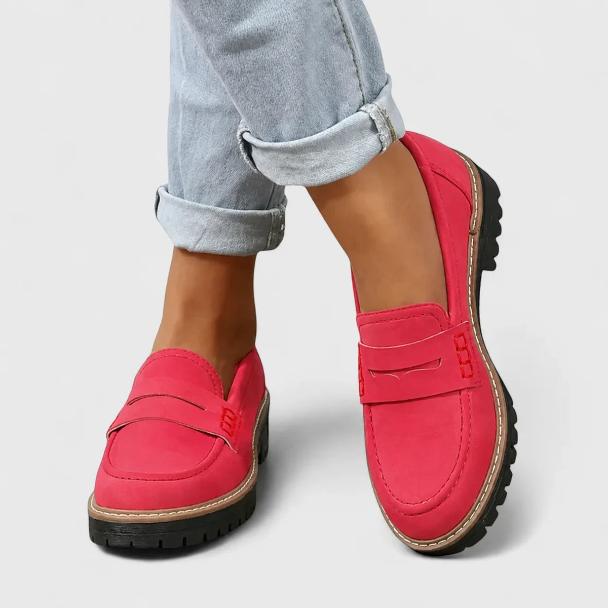 Women's slip-on faux suede comfort loafers with chunky lug sole – Red