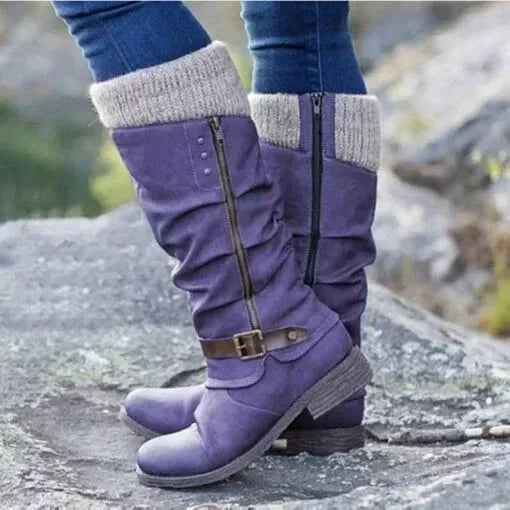 Women's slouchy knit-cuff mid-calf boots with side-zipper and buckle – Purple
