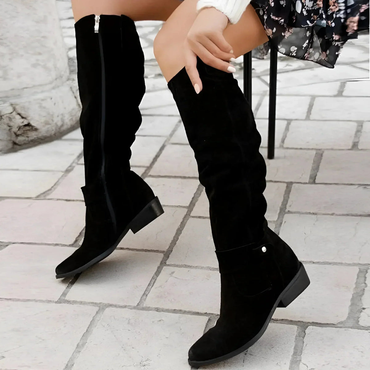 Women's slouchy suede knee-high boots with side zipper and buckle