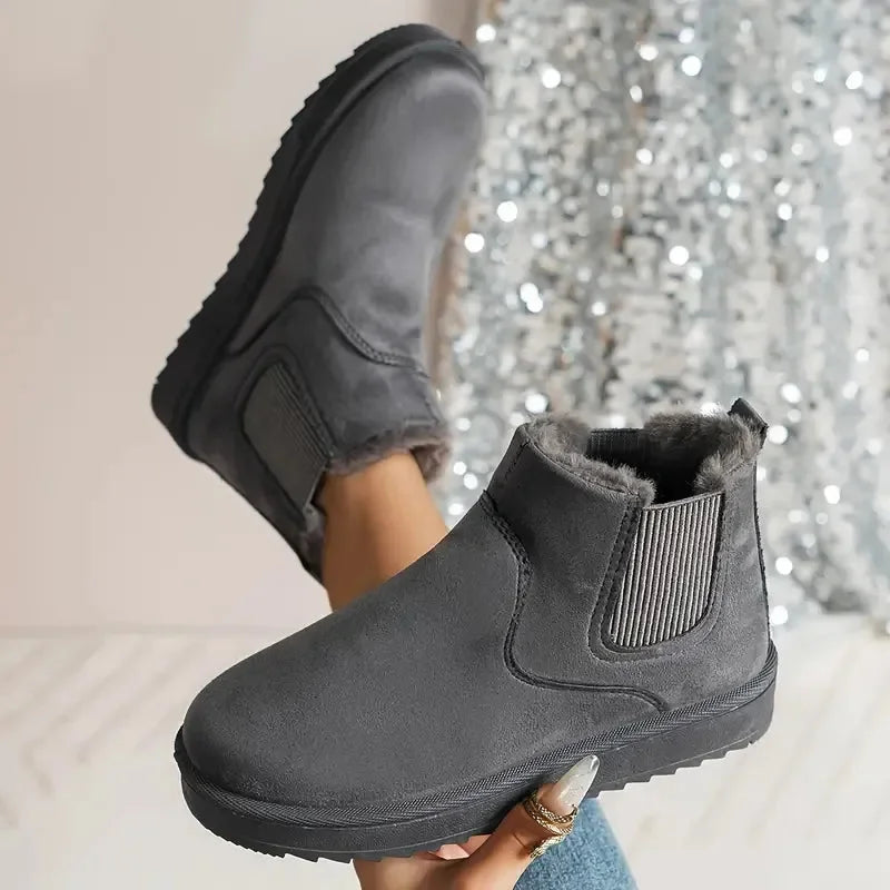 Women's solid short faux-suede boots with faux-fur lining and elastic sides – Grey