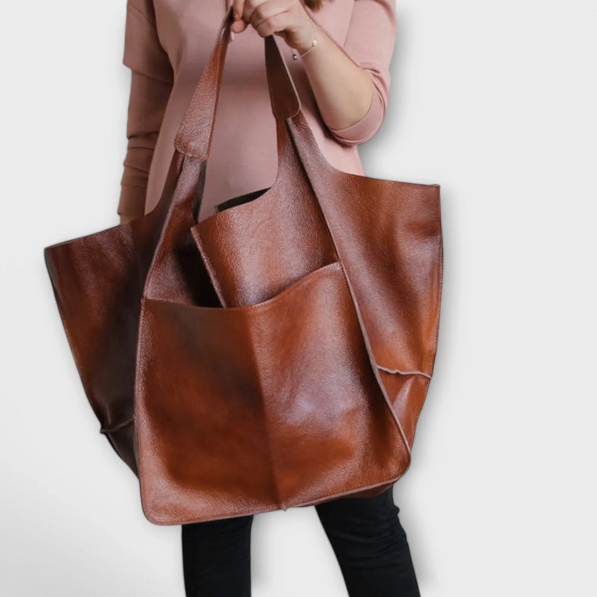Women's spacious faux leather tote bag with two exterior slip pockets – Brown