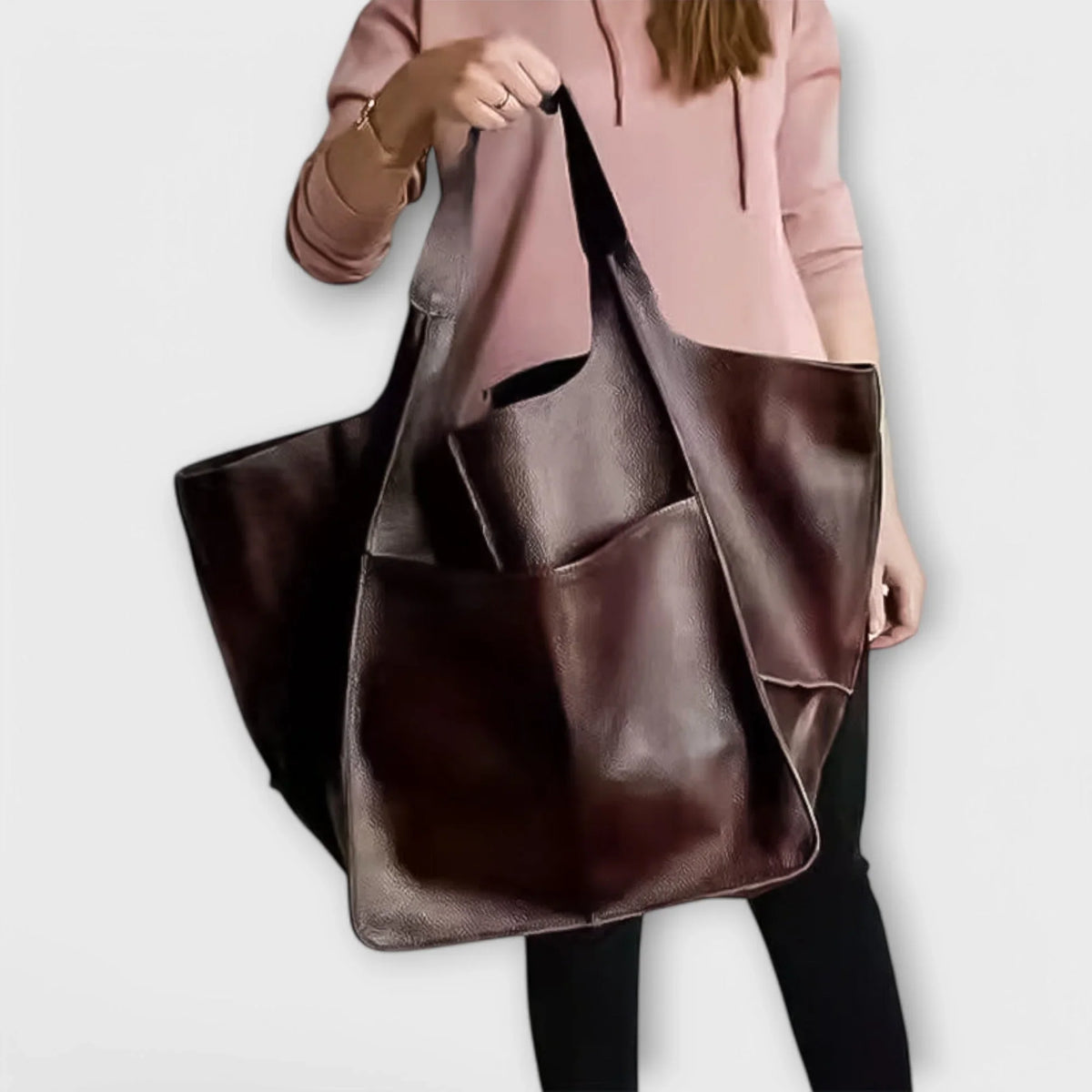 Women's spacious faux leather tote bag with two exterior slip pockets – Khaki