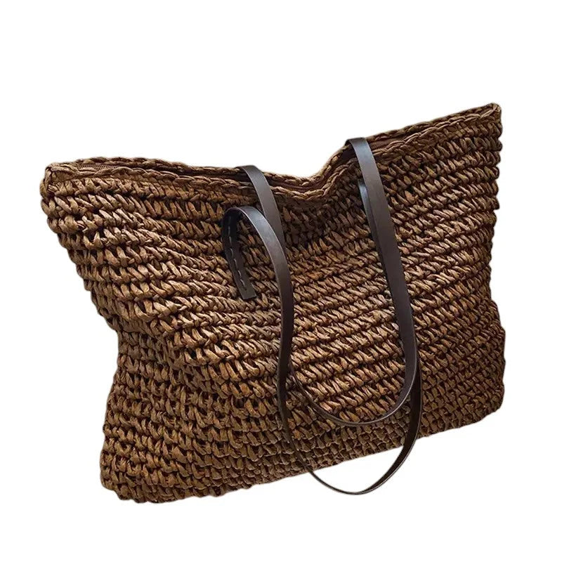 Women's spacious woven straw tote bag with double faux-leather straps – Coffee