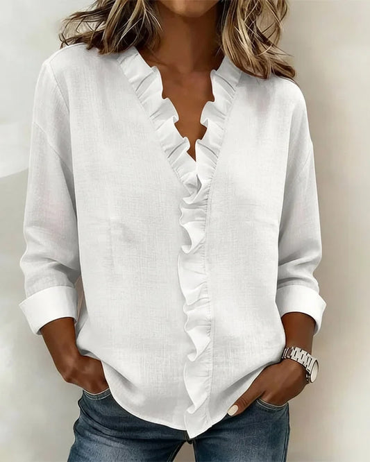 Women's spring long-sleeve blouse with ruffle V-neck and relaxed fit – White