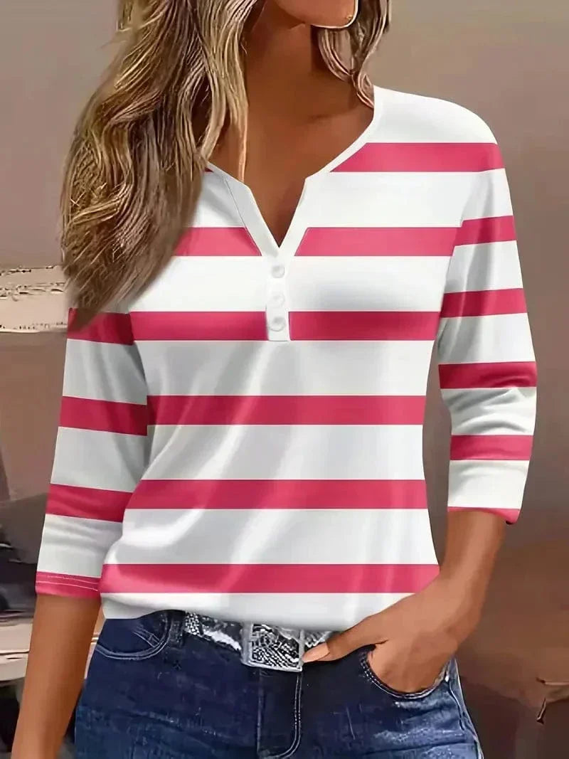 Women's striped henley top with 3/4-sleeve and V-neck – Pink