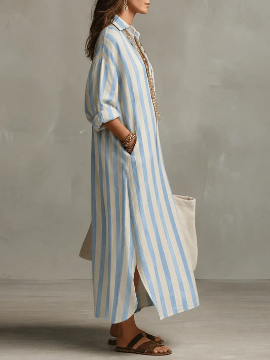 Women's striped long sleeve maxi shirt dress with collared button-front and side slits