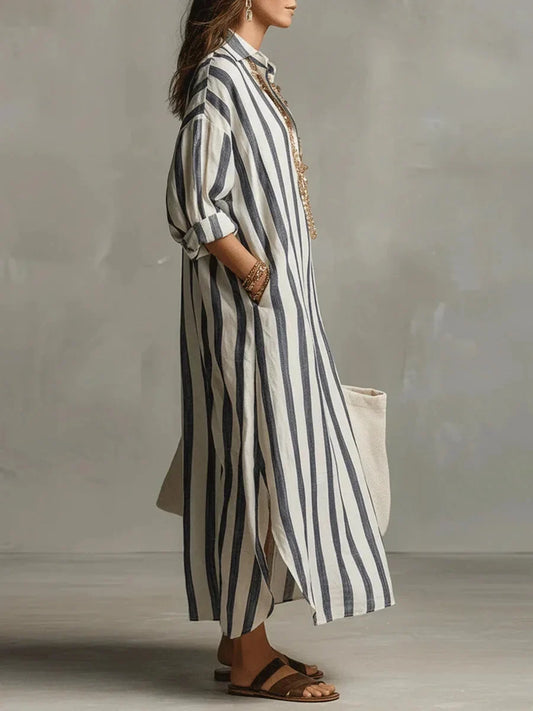 Women's striped maxi shirt dress with roll-tab long sleeves and collar