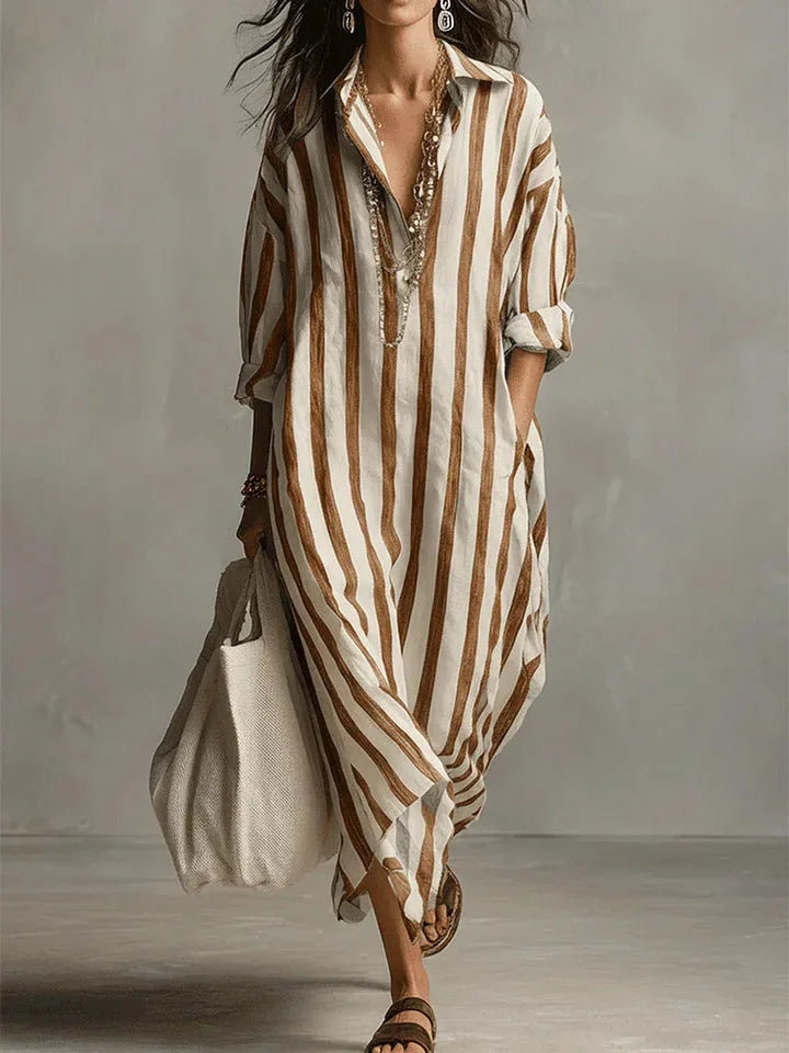 Women's striped maxi shirt dress with roll-tab long sleeves and collar – Yellow