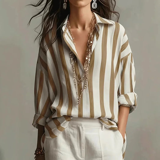 Women's striped shirt with long-sleeve button-down relaxed-fit design – Brown