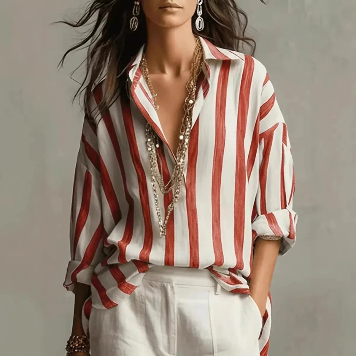 Women's striped shirt with long-sleeve button-down relaxed-fit design – Red