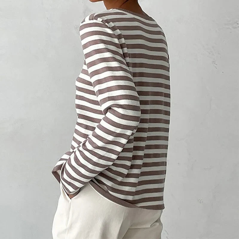 Women's striped summer long-sleeve tee shirt with relaxed crew-neck