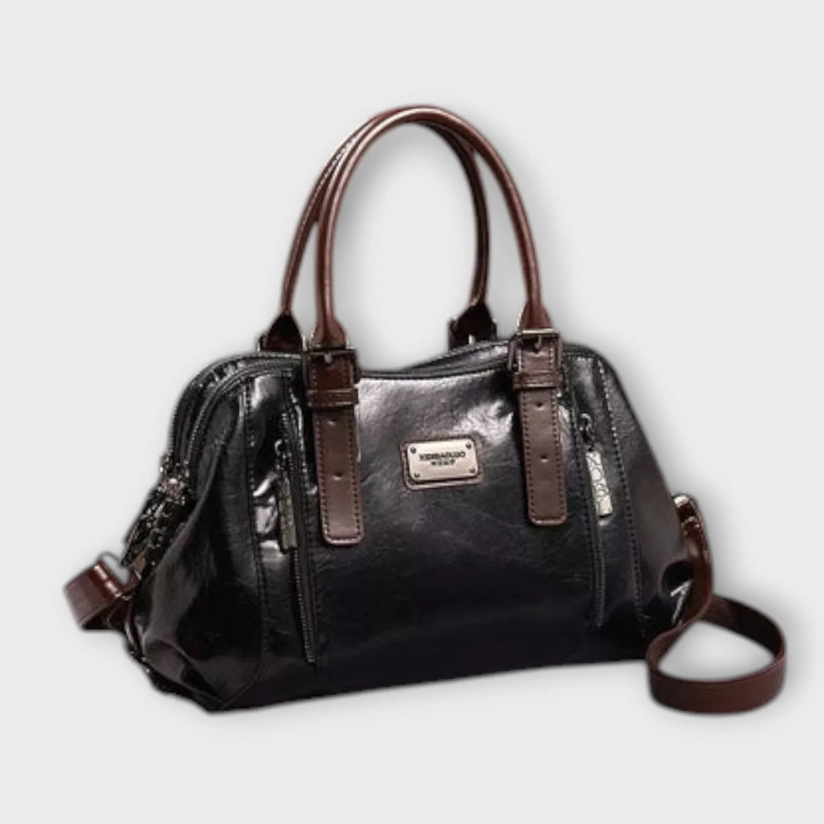 Women's structured faux leather handbag with top handles and zip pockets – Black