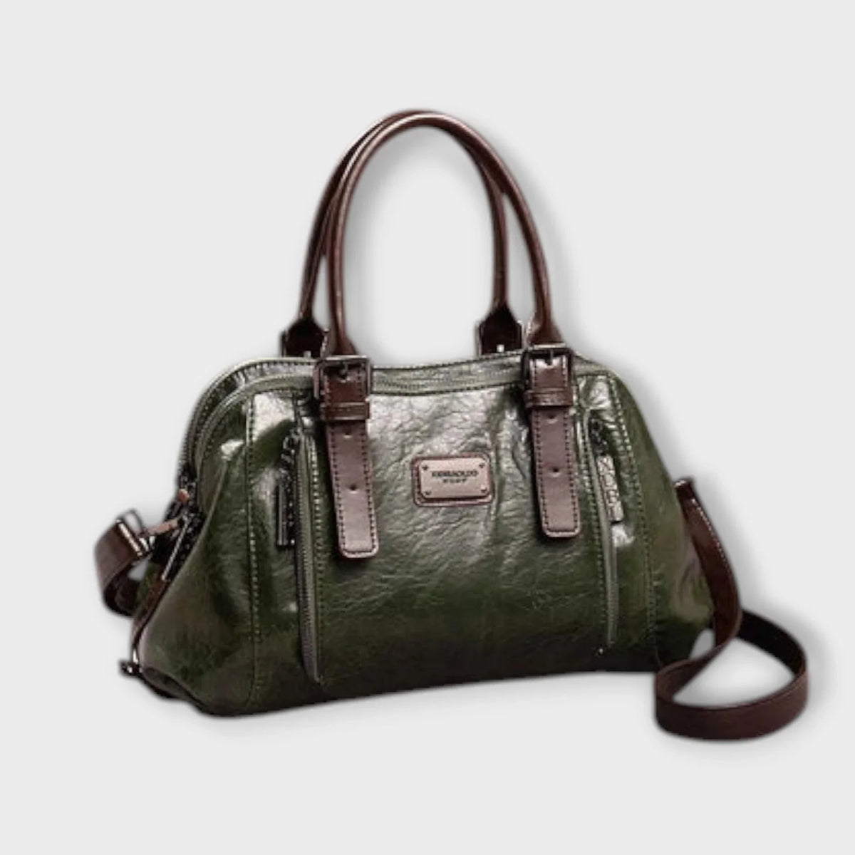 Women's structured faux leather handbag with top handles and zip pockets – Green