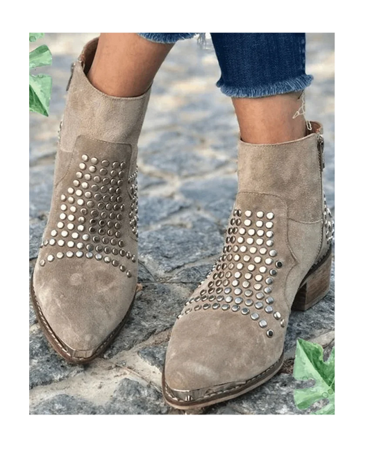 Women's studded suede western ankle boots with side-zip pointed-toe block-heel – Grey