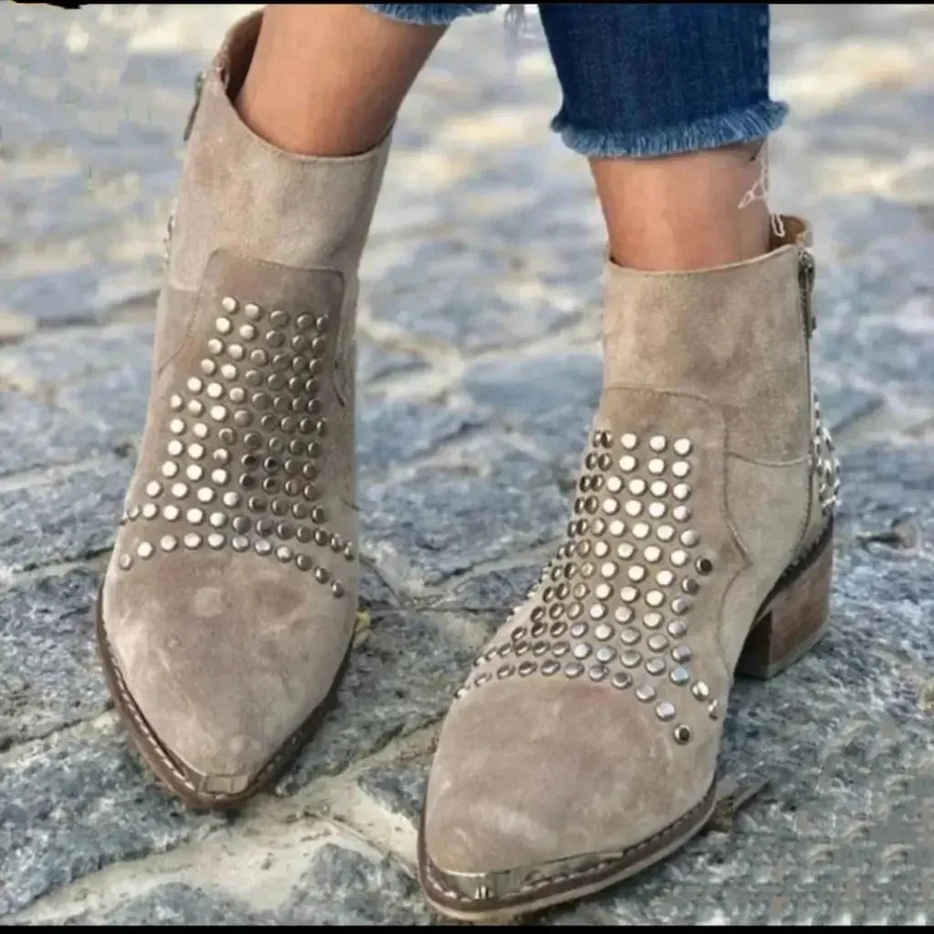 Women's studded suede western ankle boots with side-zip pointed-toe block-heel – Grey