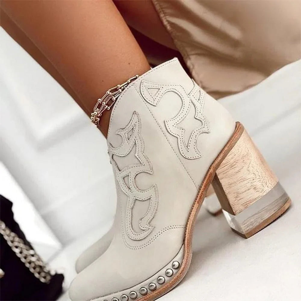 Women's studded western embroidered mule boots with chunky block heel