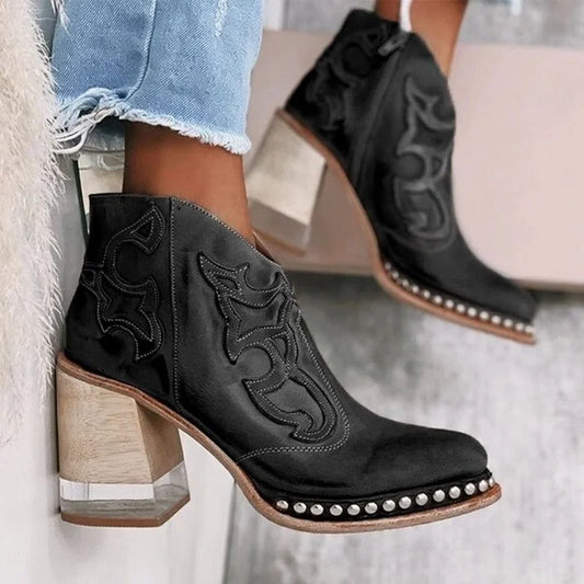 Women's studded western embroidered mule boots with chunky block heel – Santafe Black
